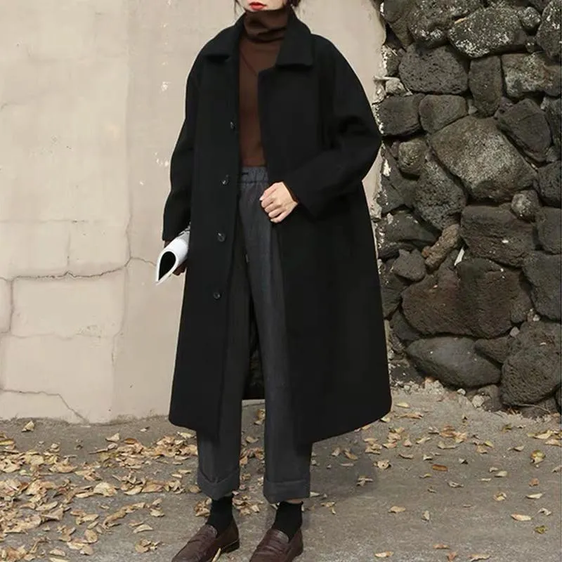 Christmas Gift Women Wool Blends Long Coat Thickening Casual Fashion Warm All-match Single Breasted Slim Overcoat Turn-down Collar Classic Chic