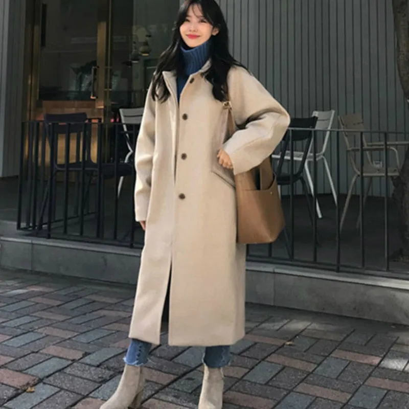 Christmas Gift Women Wool Blends Long Coat Thickening Casual Fashion Warm All-match Single Breasted Slim Overcoat Turn-down Collar Classic Chic