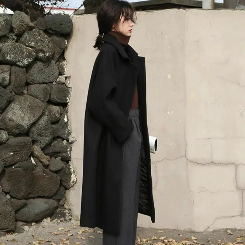 Christmas Gift Women Wool Blends Long Coat Thickening Casual Fashion Warm All-match Single Breasted Slim Overcoat Turn-down Collar Classic Chic