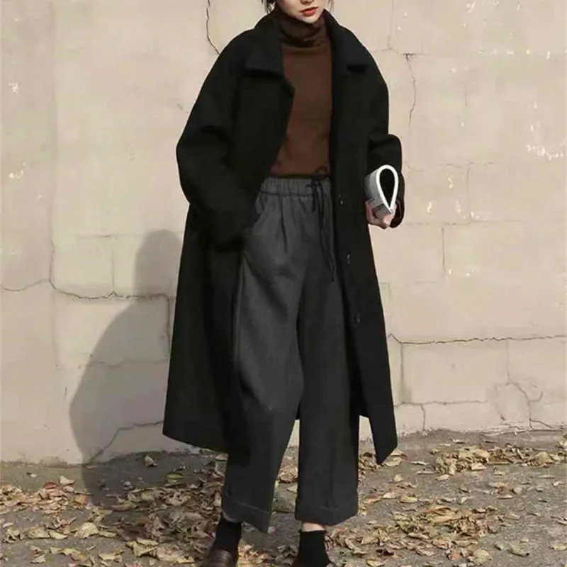 Christmas Gift Women Wool Blends Long Coat Thickening Casual Fashion Warm All-match Single Breasted Slim Overcoat Turn-down Collar Classic Chic