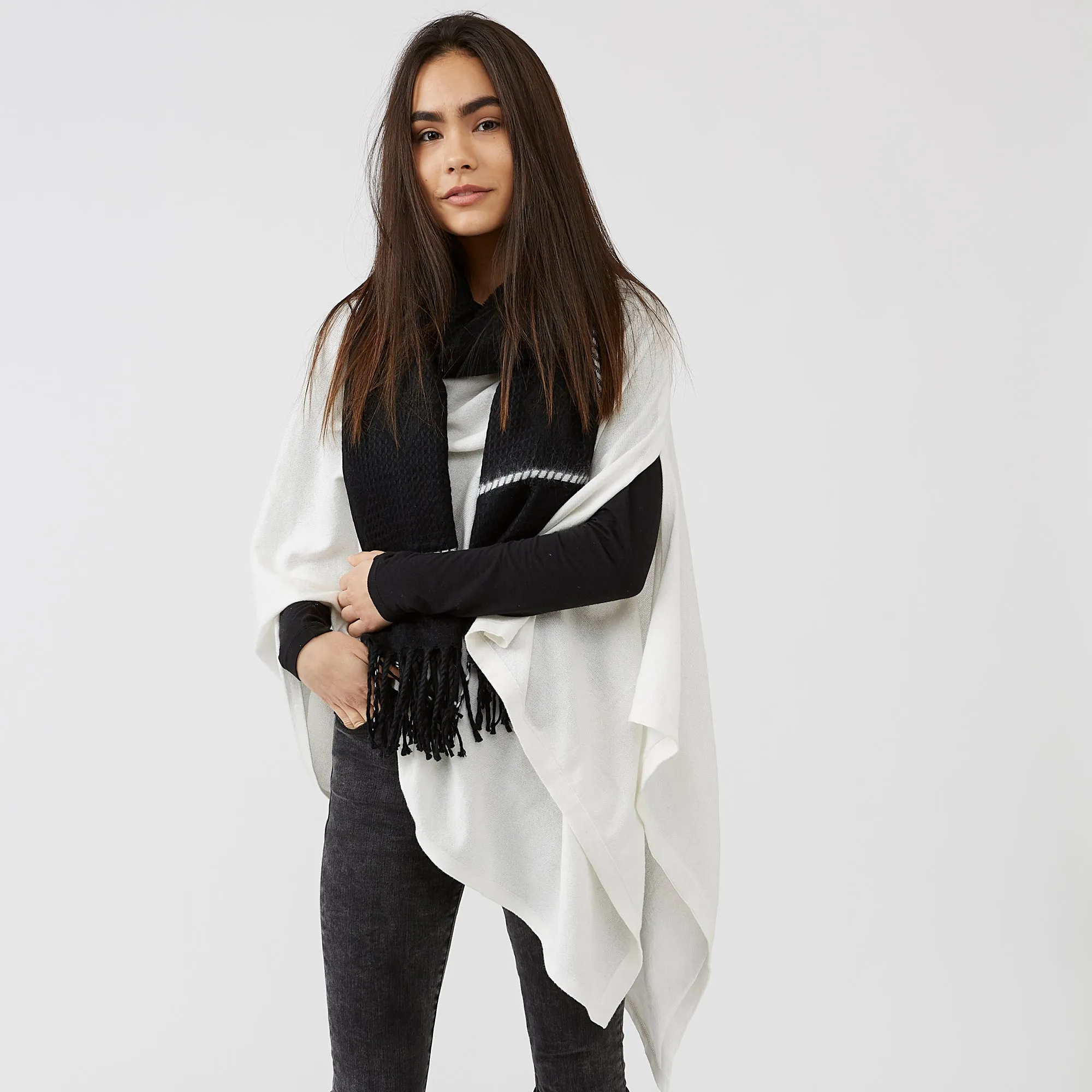 Elegant Solid Cotton Poncho - Ivory
