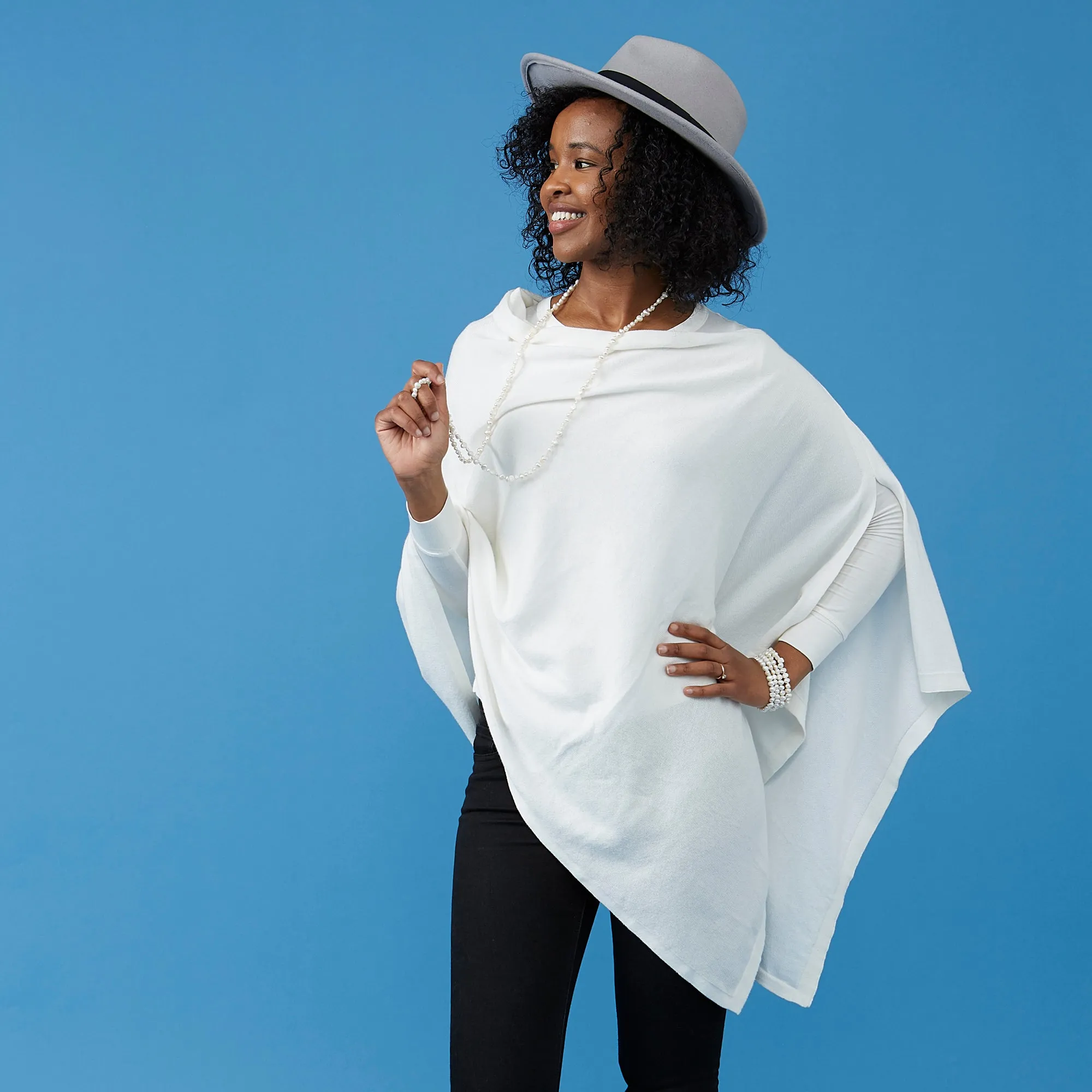 Elegant Solid Cotton Poncho - Ivory